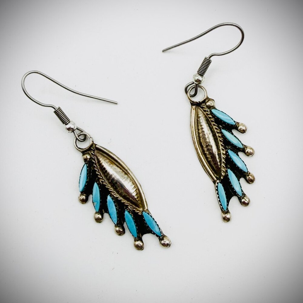 Vintage Needlepoint Turquoise Dangle Earrings | Sterling Silver